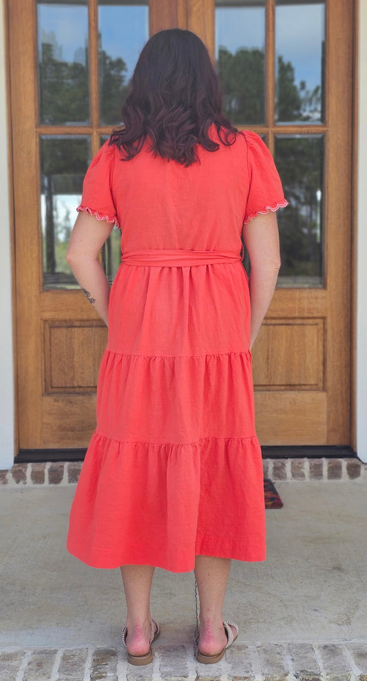 Umgee Coral Scalloped Midi Dress
