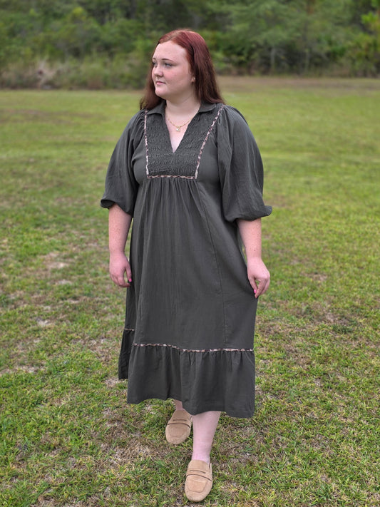 V Neck Collard Midi Dress by Umgee-Olive