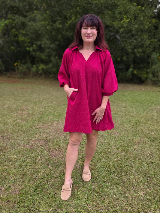 Scalloped Split V-Neck Dress with Puff Sleeves by Umgee-Crimson