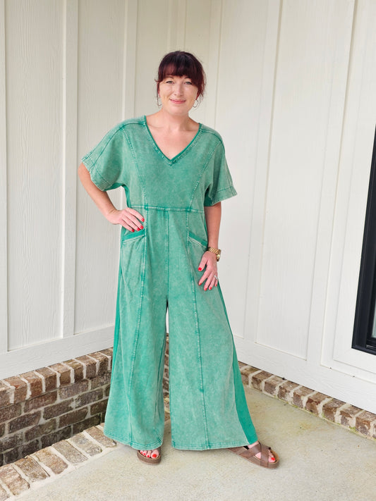Umgee Coastal Ease Wide-Leg Jumpsuit-Green