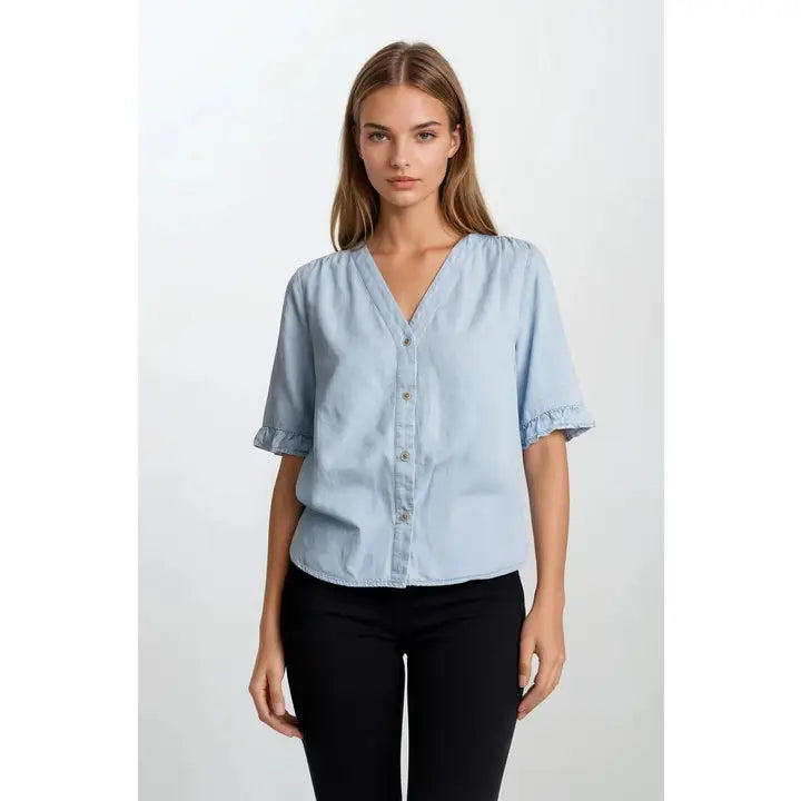 Denim V-neck Mini Ruffle Detail Short Sleeve Shirt