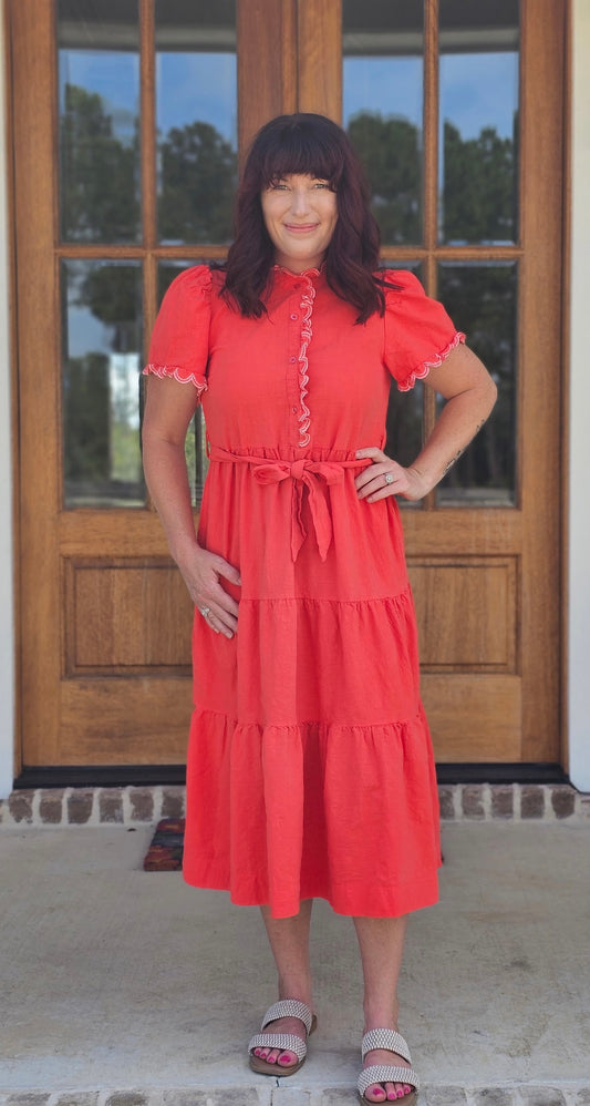 Umgee Coral Scalloped Midi Dress