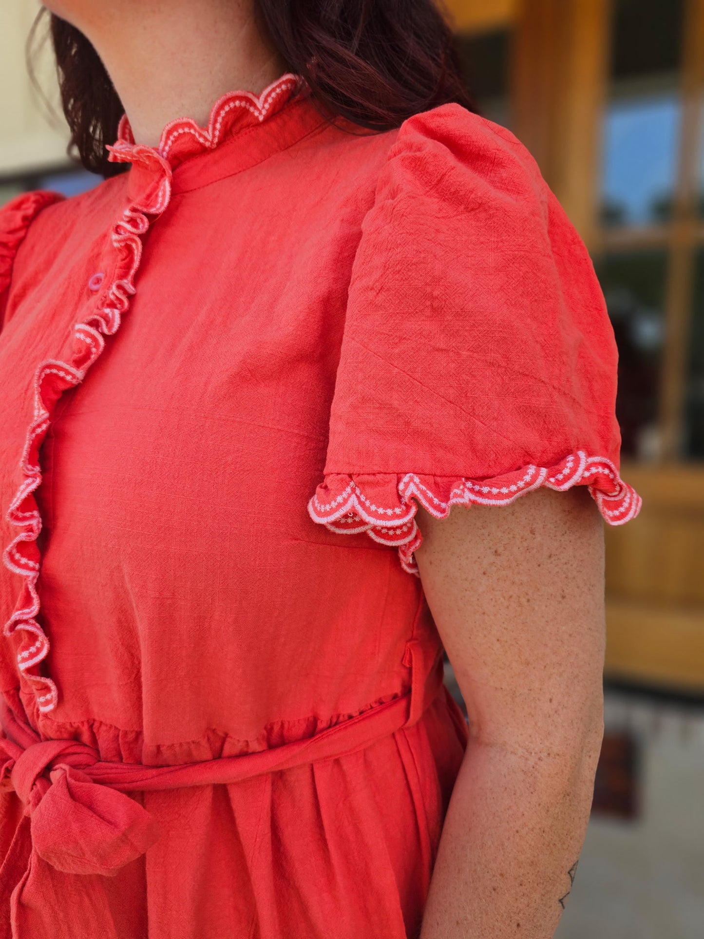 Umgee Coral Scalloped Midi Dress