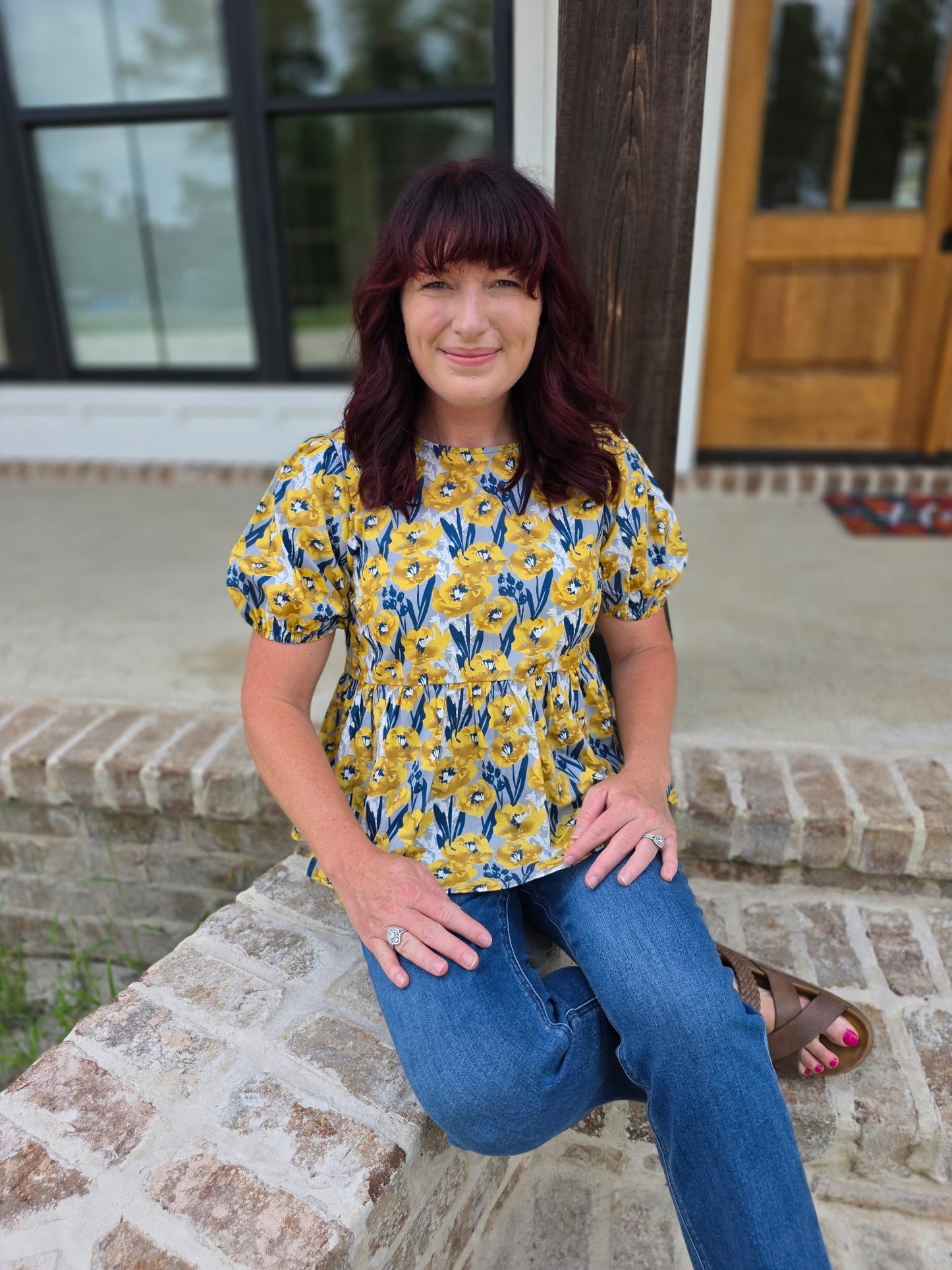Umgee Mustard Floral Peplum Top
