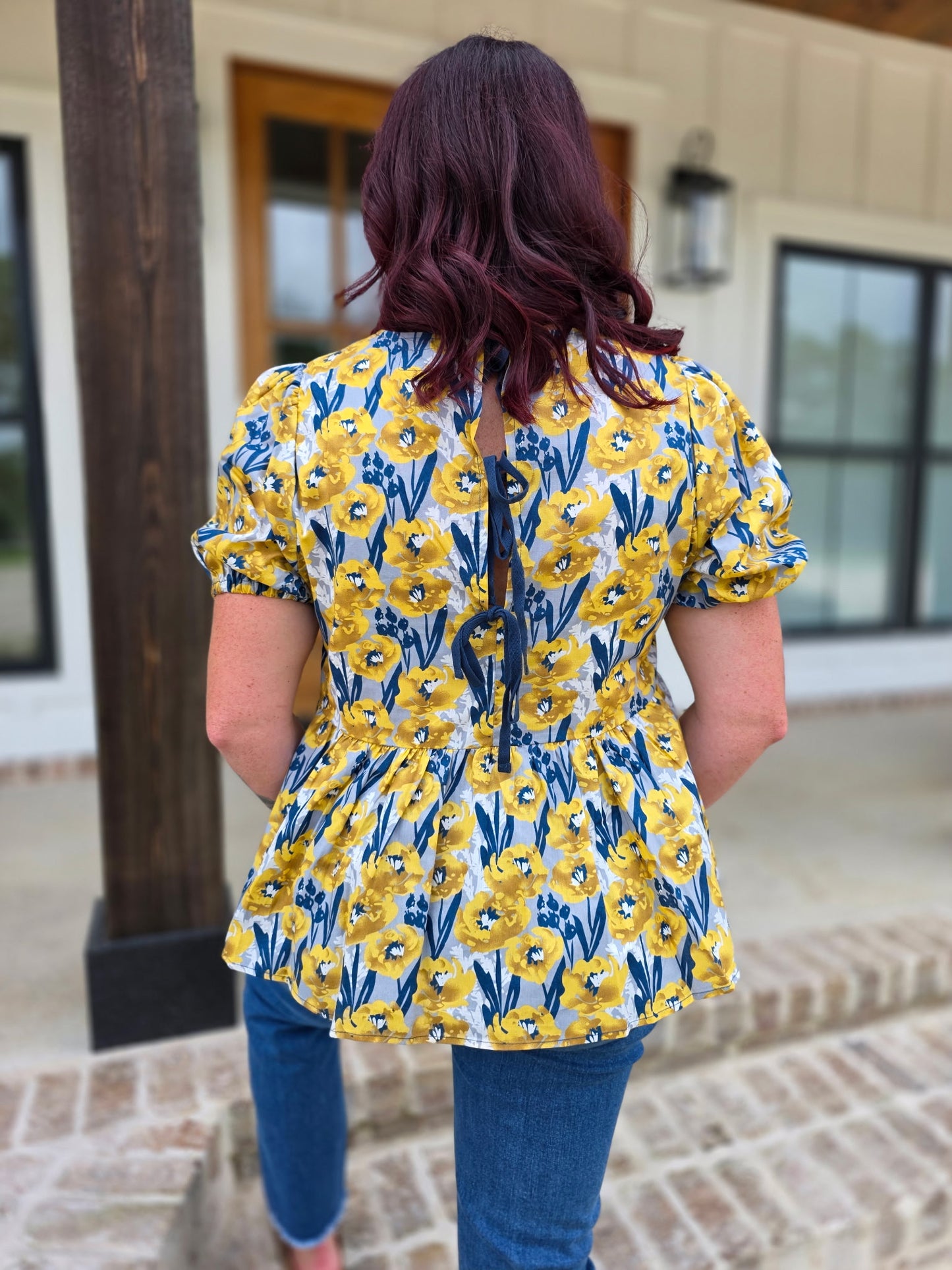 Umgee Mustard Floral Peplum Top