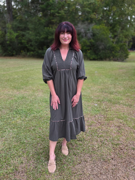 V Neck Collard Midi Dress by Umgee-Olive