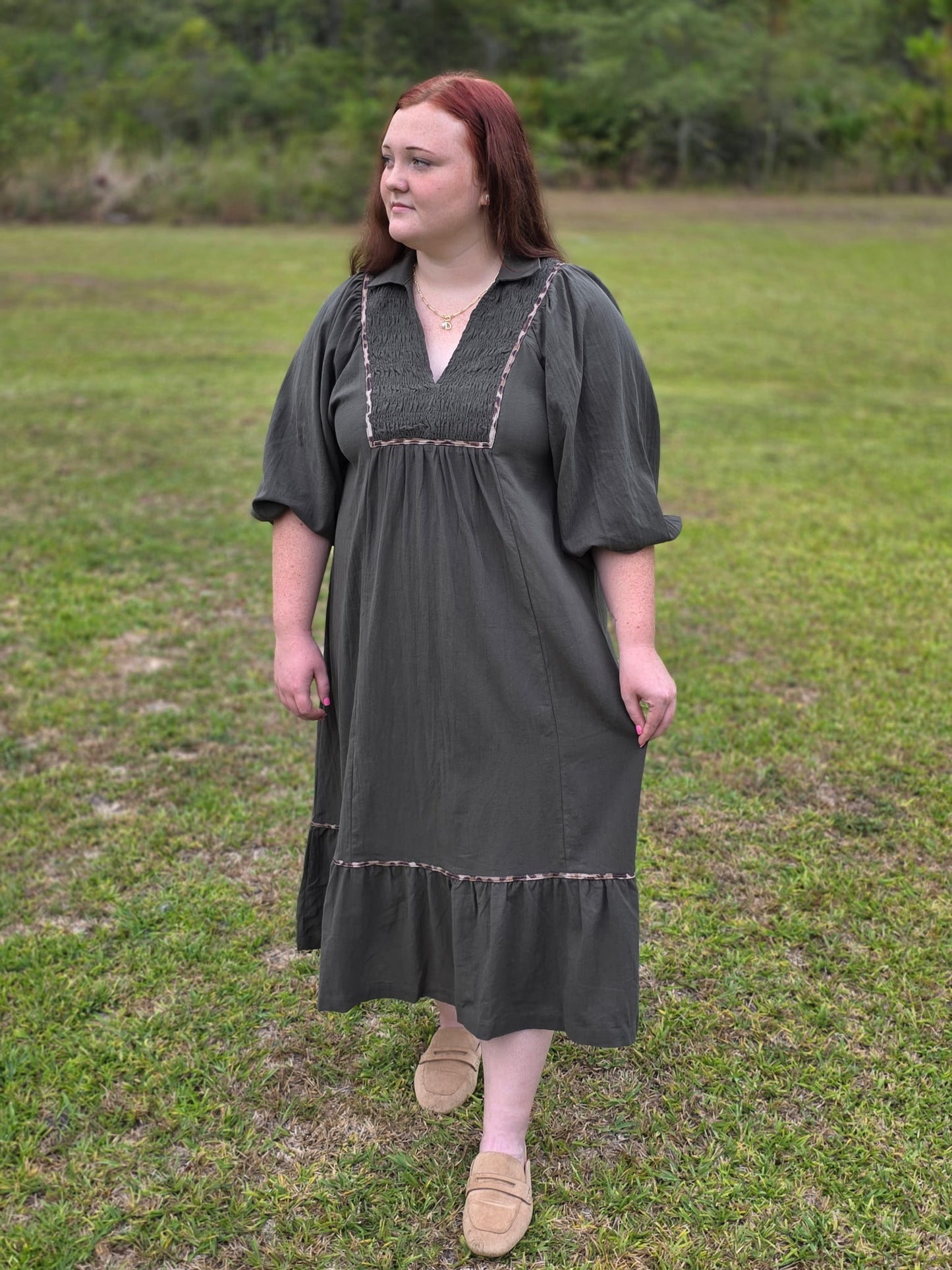 V Neck Collard Midi Dress by Umgee-Olive