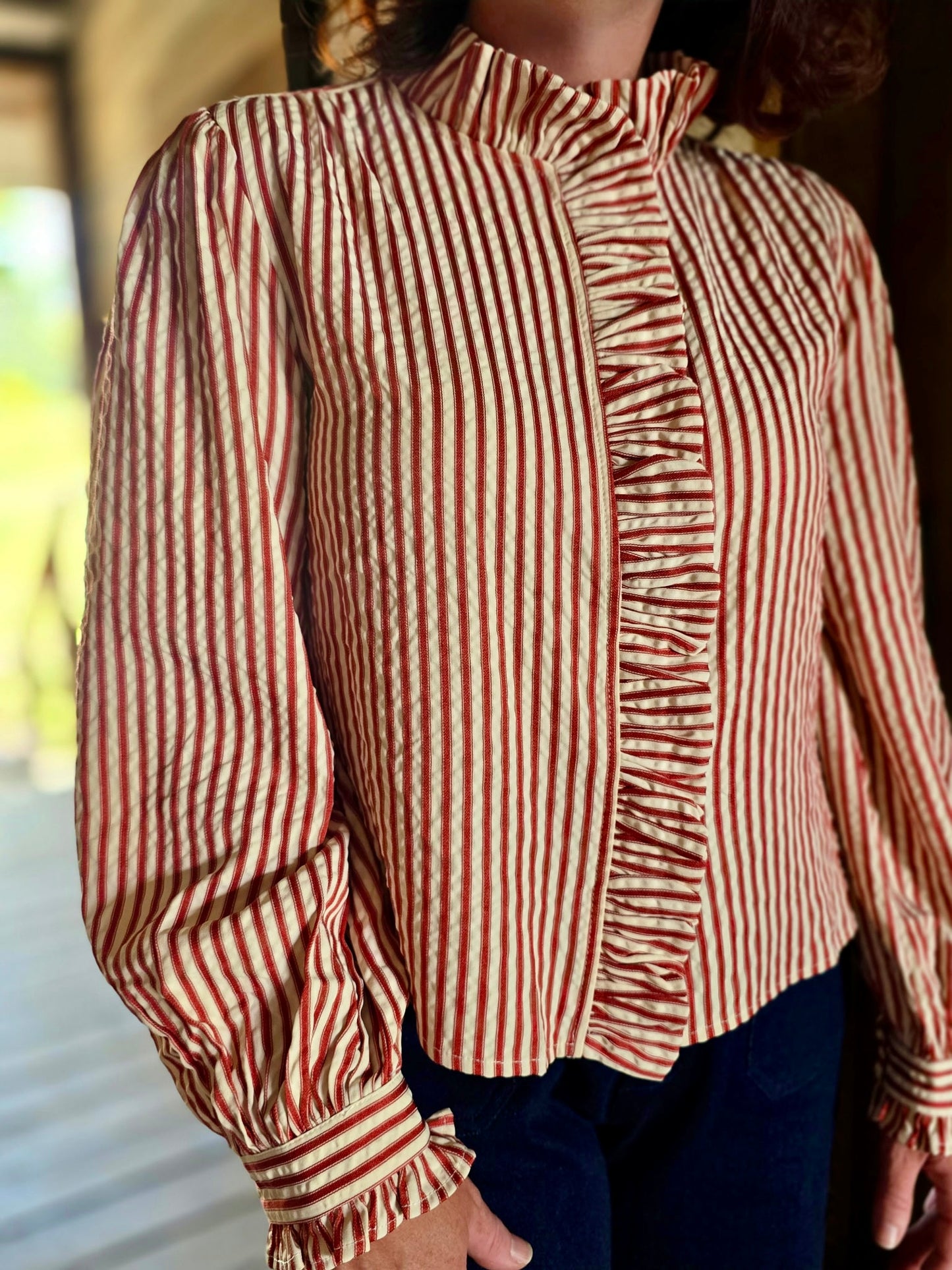 Striped Ruffled Button Down Long Sleeve Top