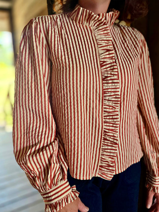 Striped Ruffled Button Down Long Sleeve Top