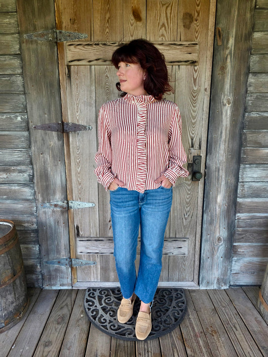 Striped Ruffled Button Down Long Sleeve Top