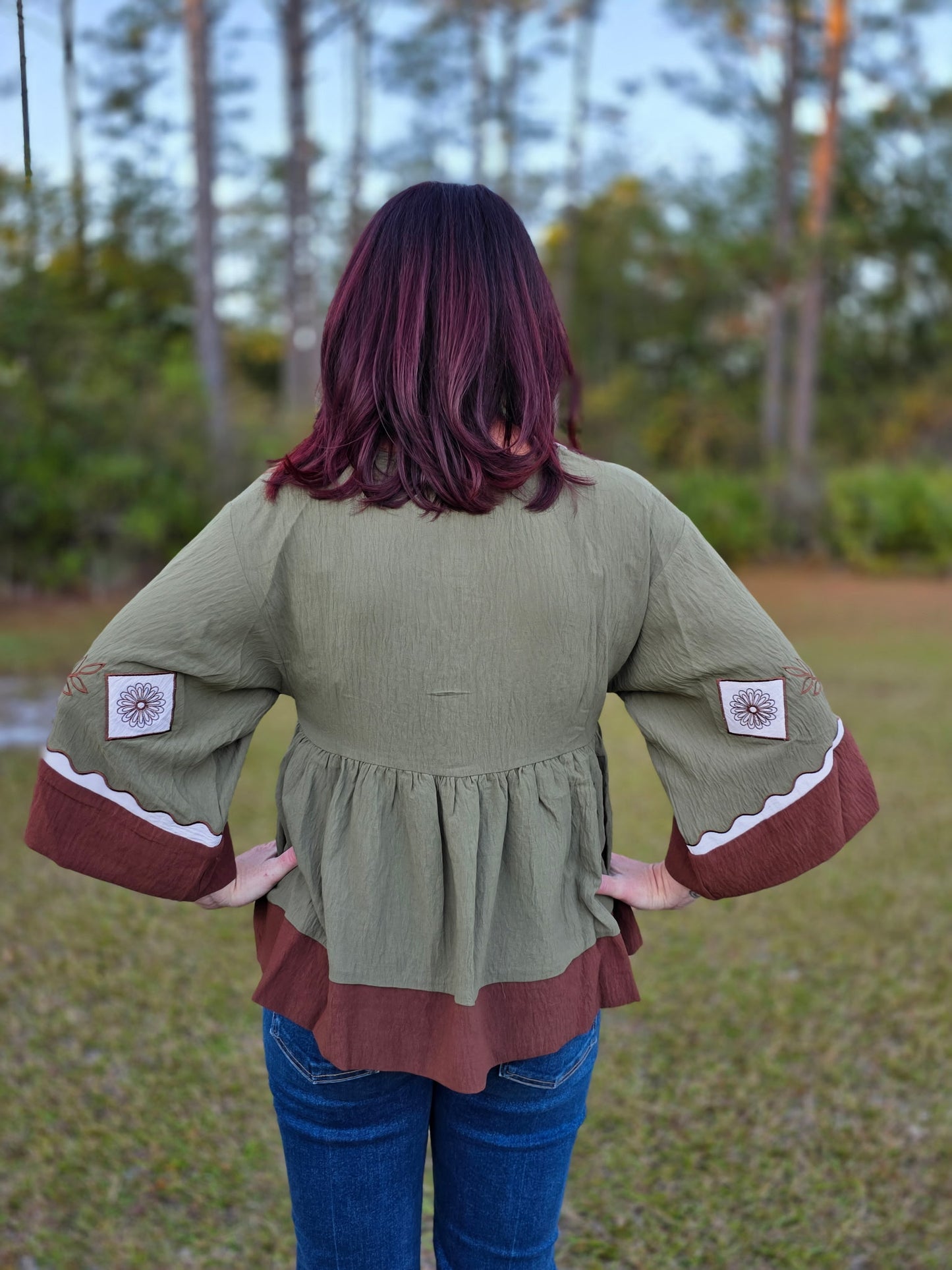 Olive Embroidered Peplum Top