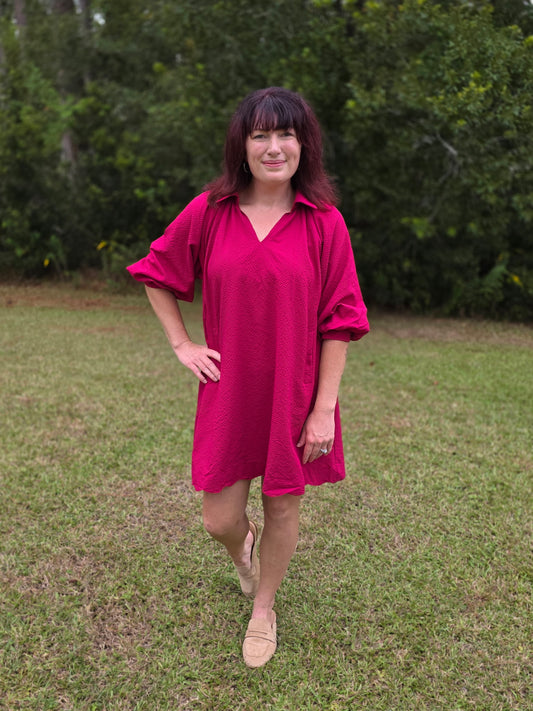 Scalloped Split V-Neck Dress with Puff Sleeves by Umgee-Crimson