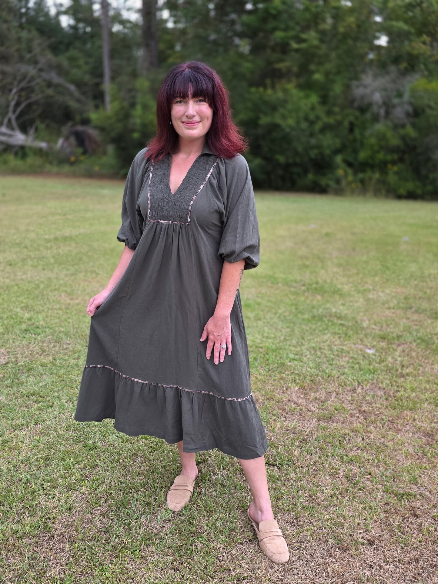 V Neck Collard Midi Dress by Umgee-Olive