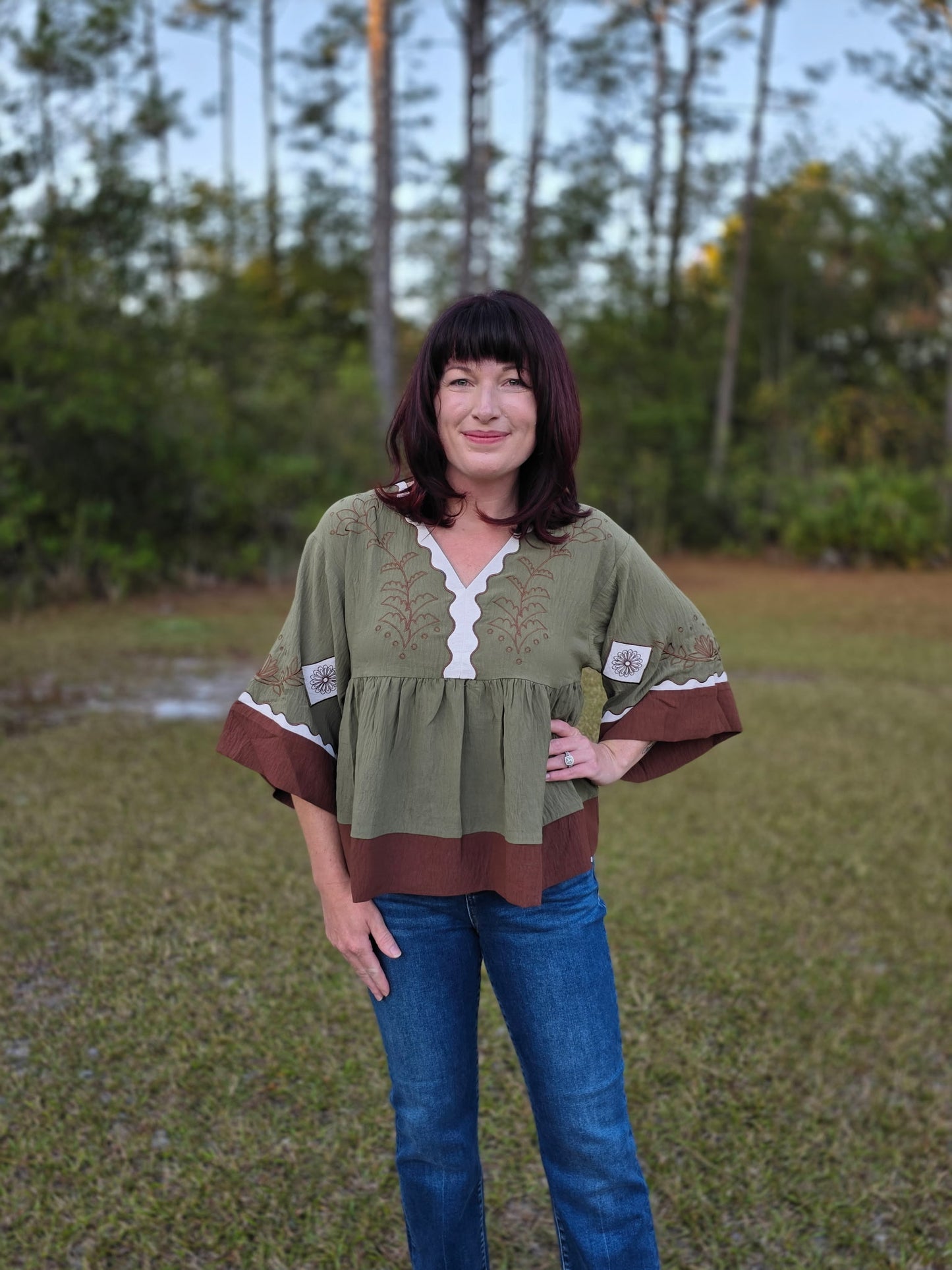 Olive Embroidered Peplum Top