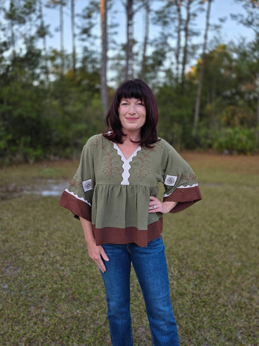 Olive Embroidered Peplum Top