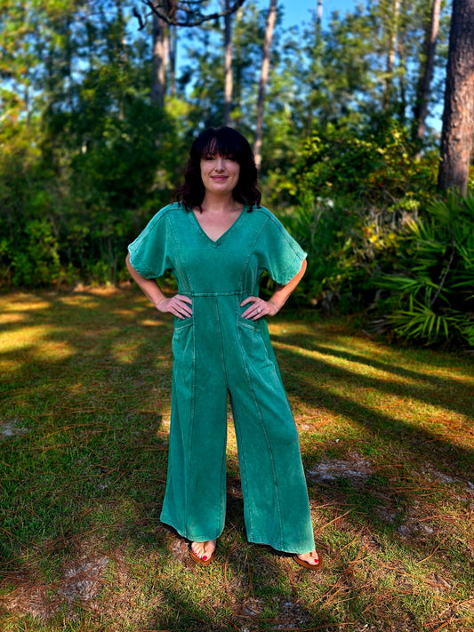 Coastal Ease Wide-Leg Jumpsuit by Umgee-Green