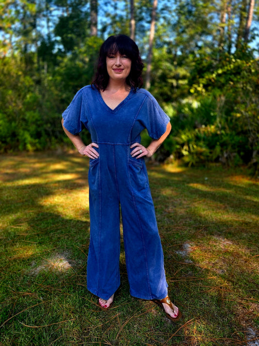 Coastal Ease Wide-Leg Jumpsuit by Umgee-Blue