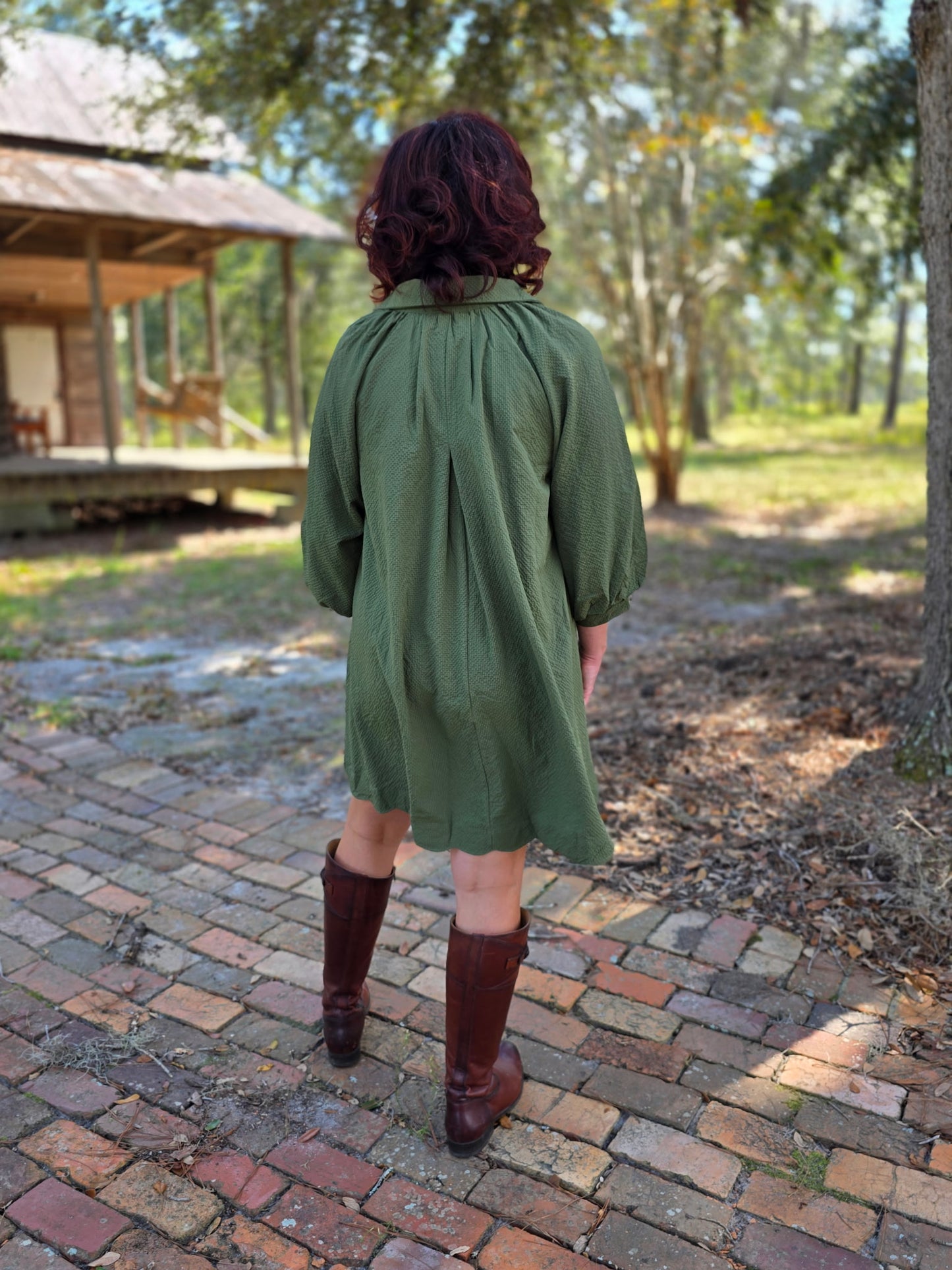 Scalloped Split V-Neck Dress with Puff Sleeves by Umgee-Olive