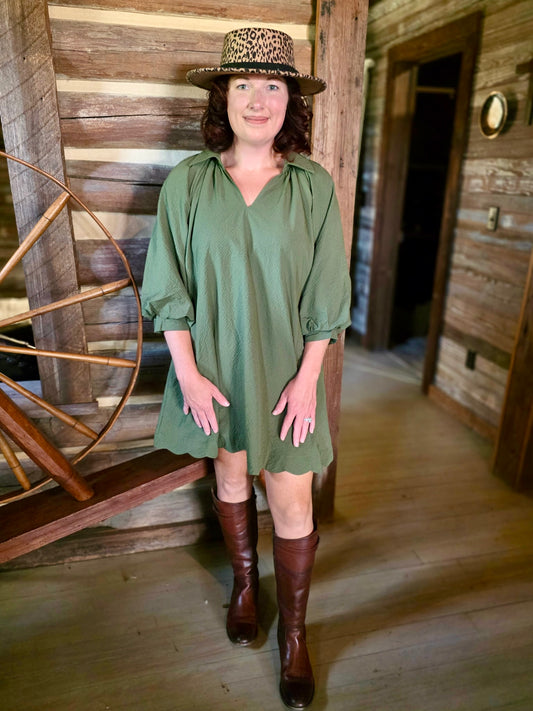 Scalloped Split V-Neck Dress with Puff Sleeves by Umgee-Olive