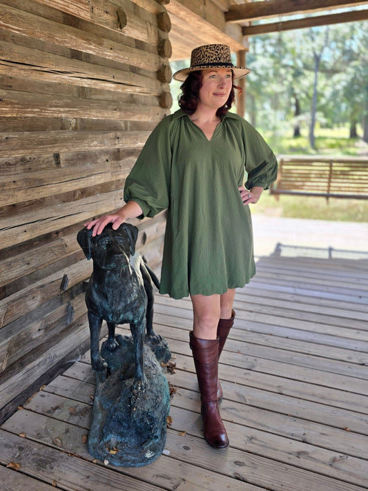 Scalloped Split V-Neck Dress with Puff Sleeves by Umgee-Olive