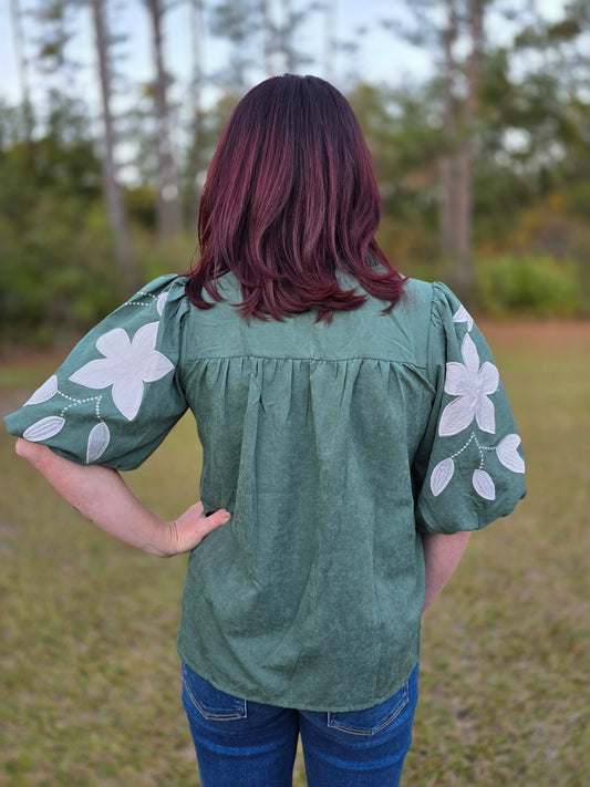 Hunter Green Puff Sleeve Floral Top