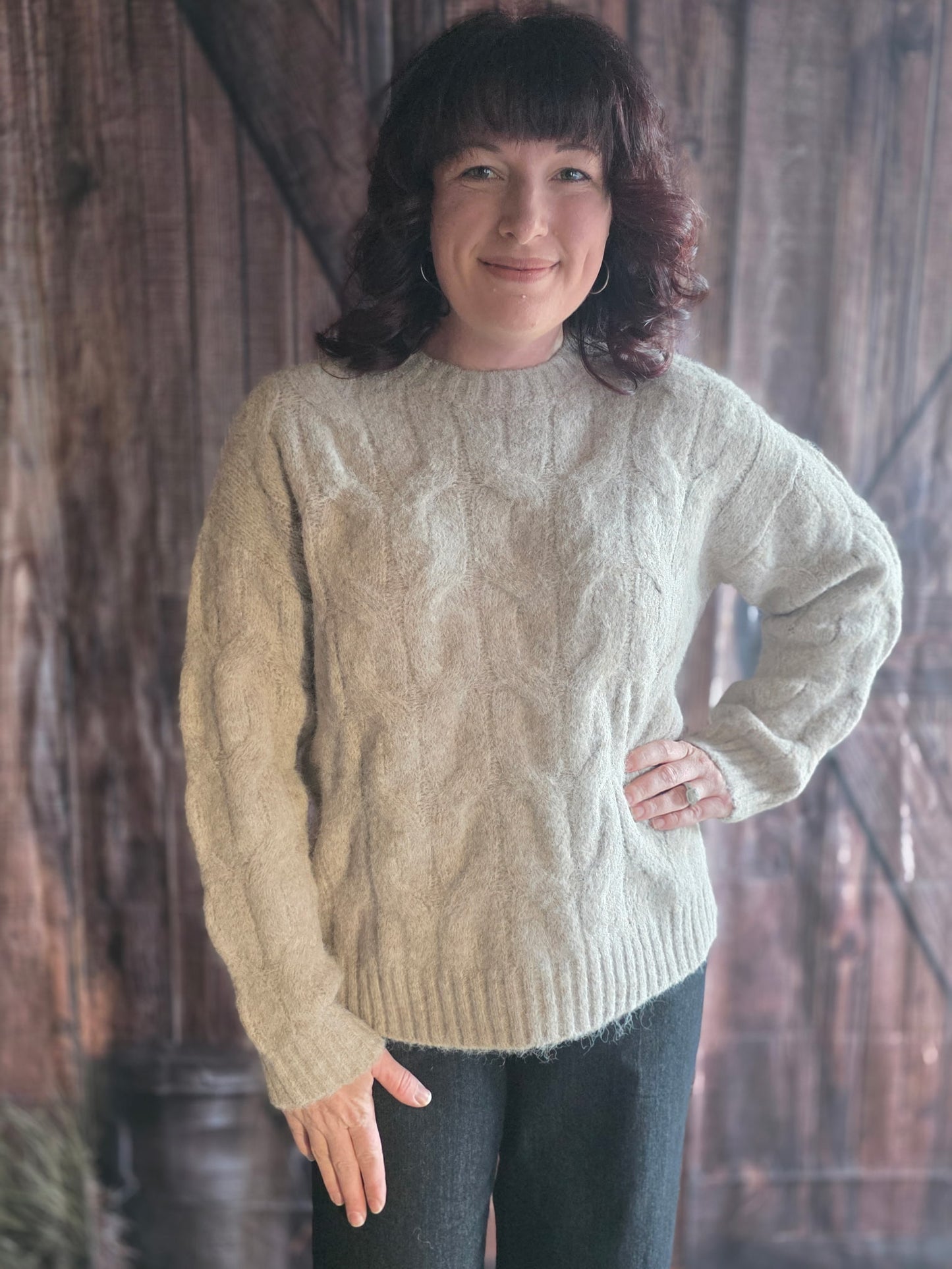 Umgee Cable Knit Sweater-Stone