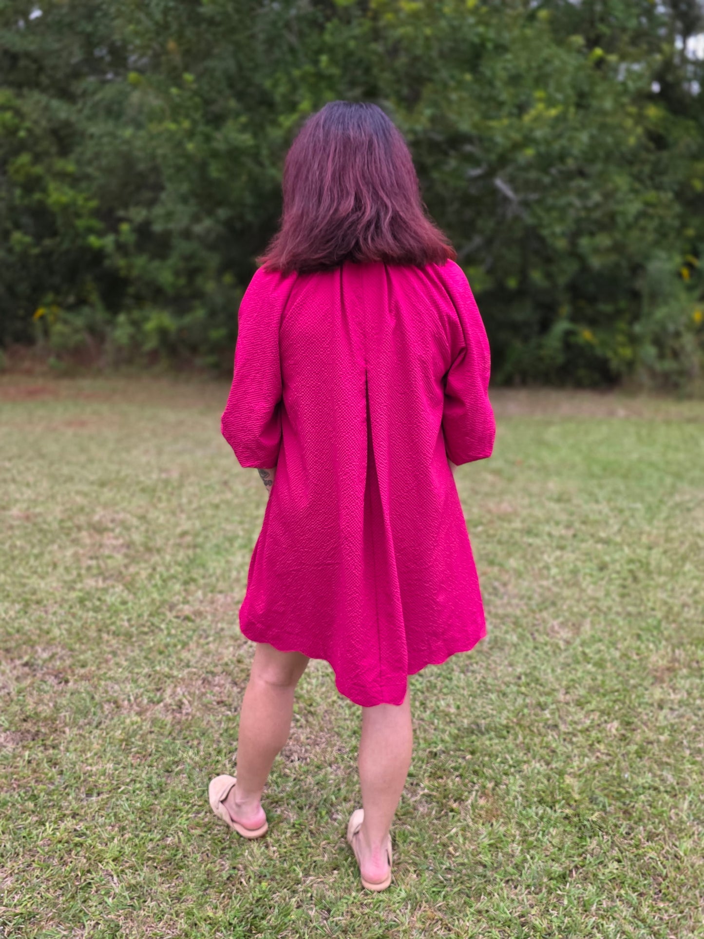 Scalloped Split V-Neck Dress with Puff Sleeves by Umgee-Crimson
