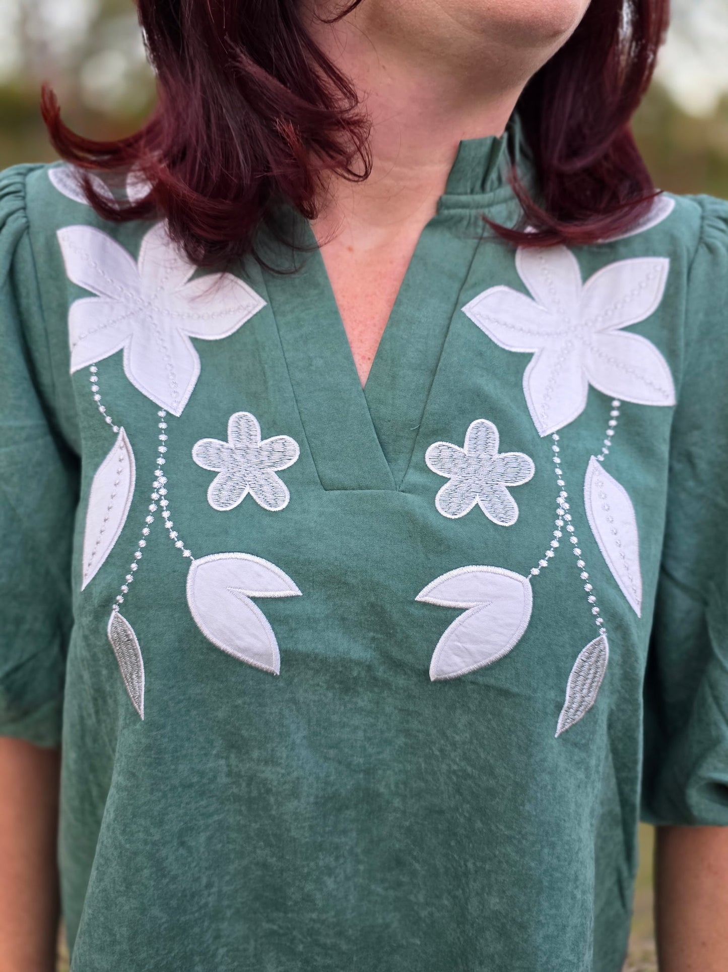 Hunter Green Puff Sleeve Floral Top