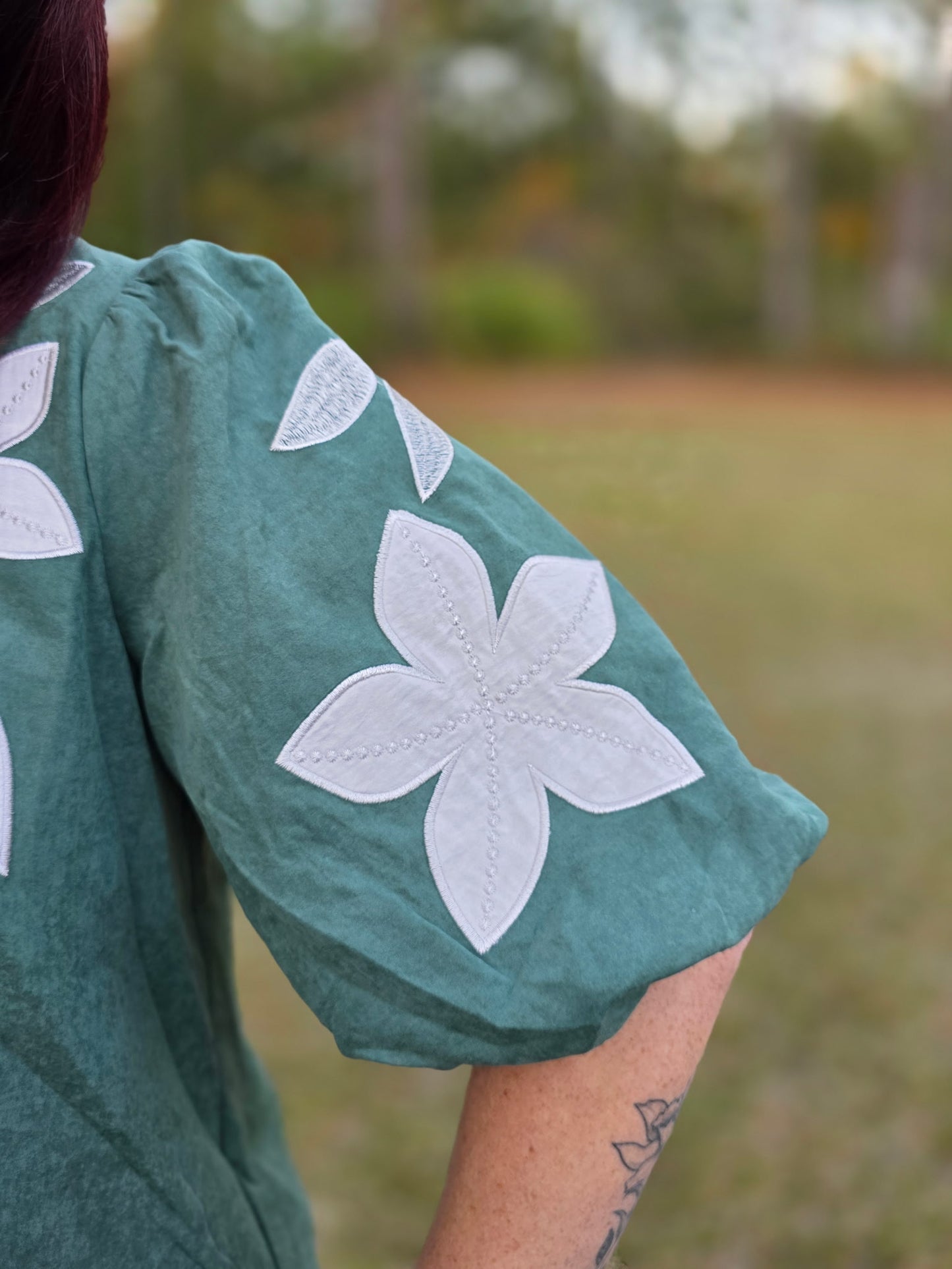 Hunter Green Puff Sleeve Floral Top