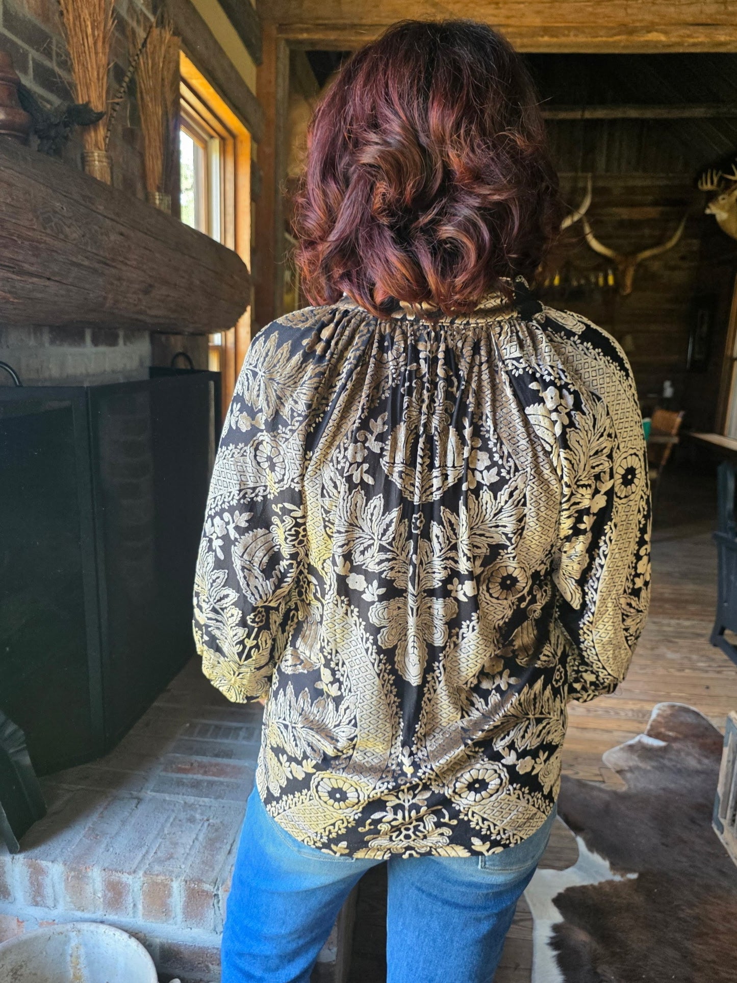 Velvet Damask Split Neck Raglan Top by Umgee-Black