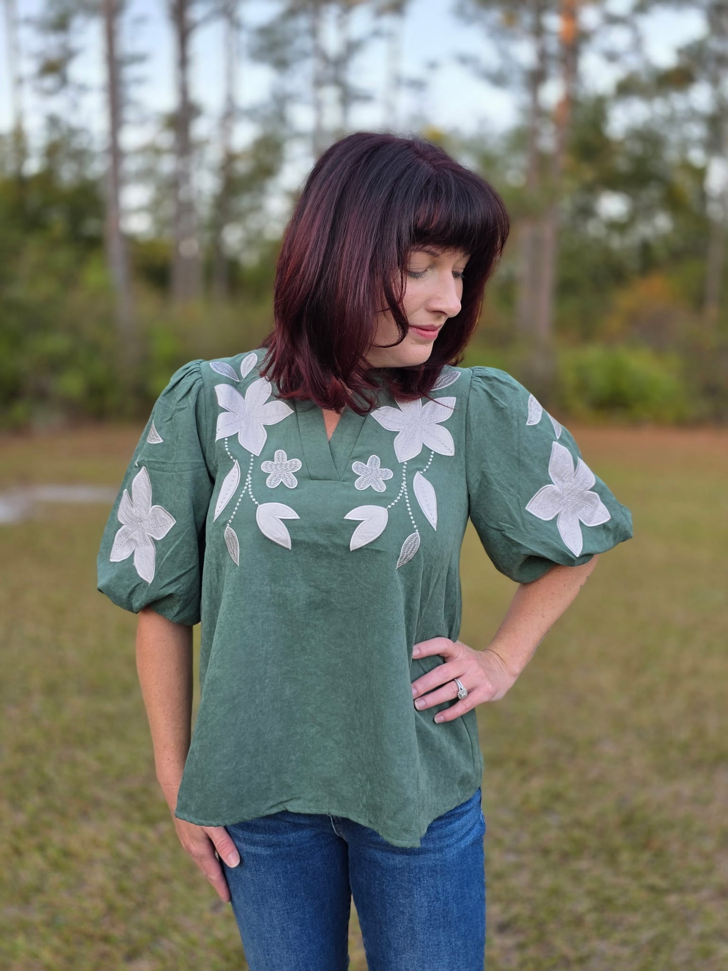 Hunter Green Puff Sleeve Floral Top