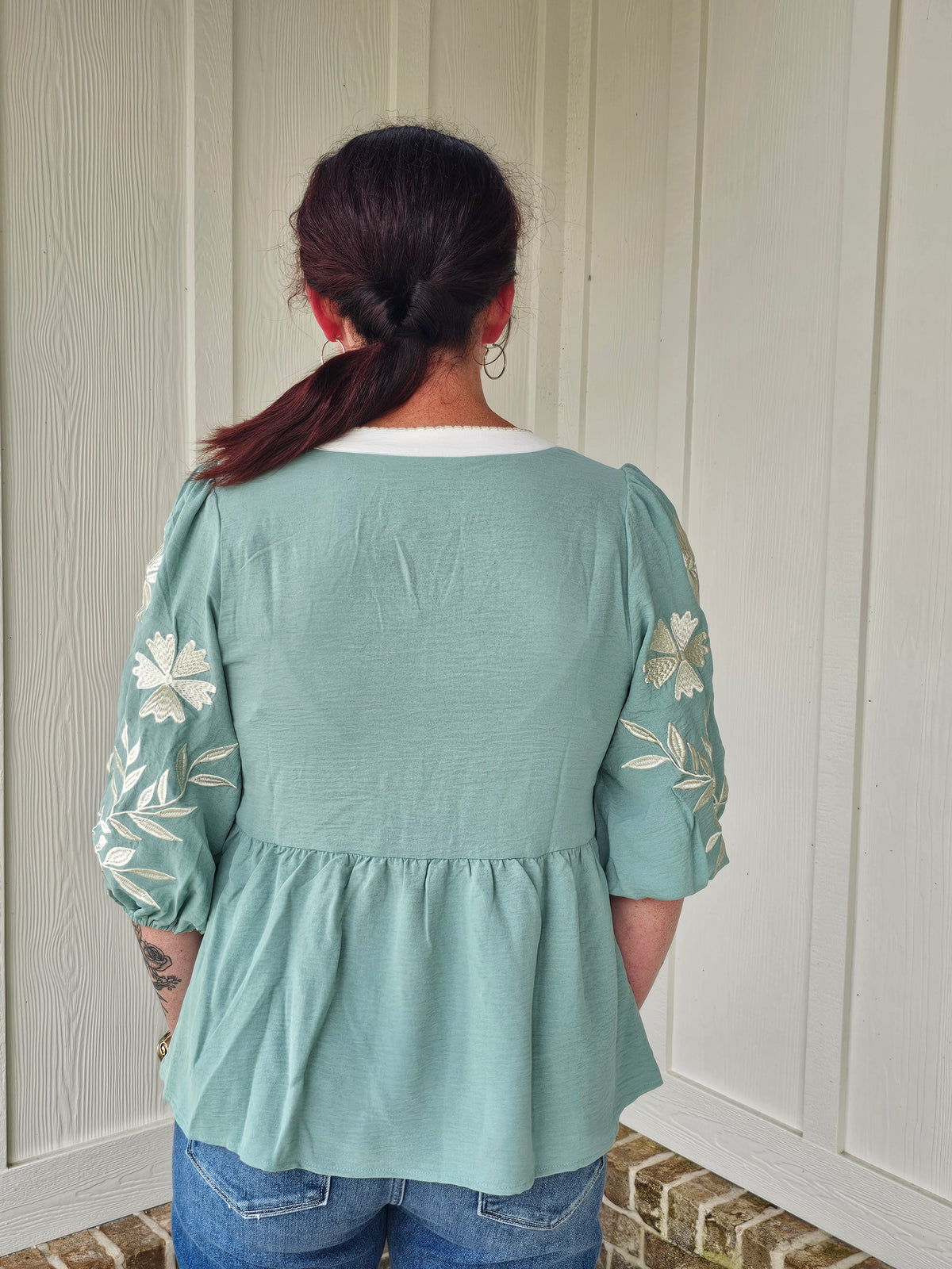 Patchwork Embroidered Puff Babydoll Blouse