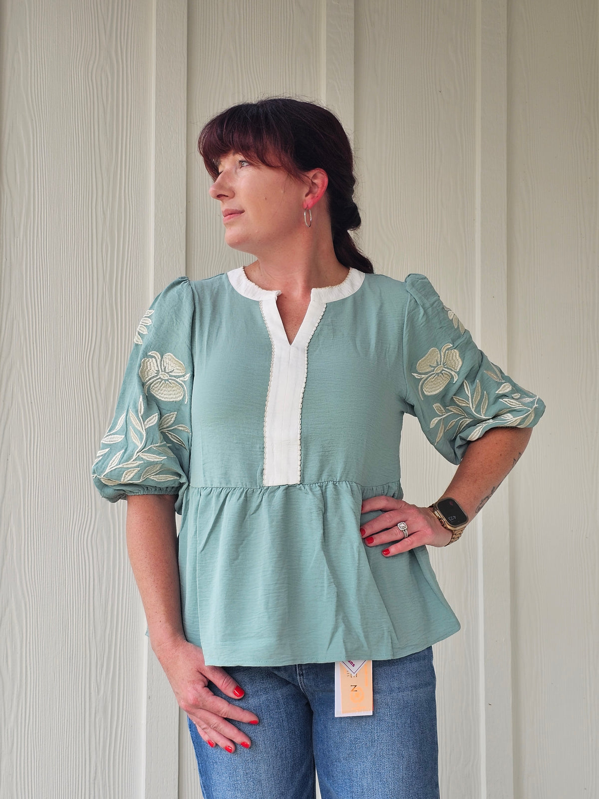 Patchwork Embroidered Puff Babydoll Blouse