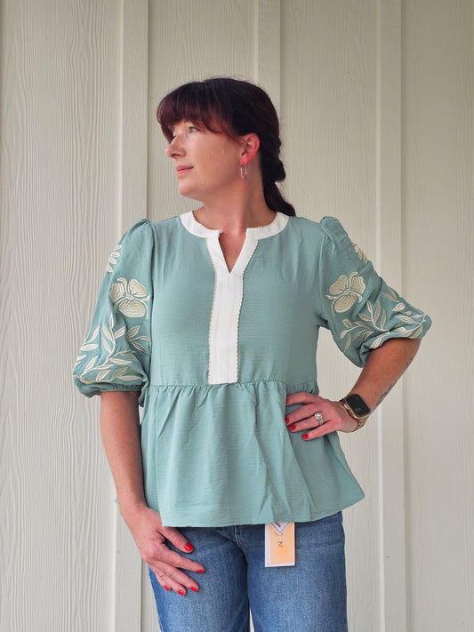 Patchwork Embroidered Puff Babydoll Blouse