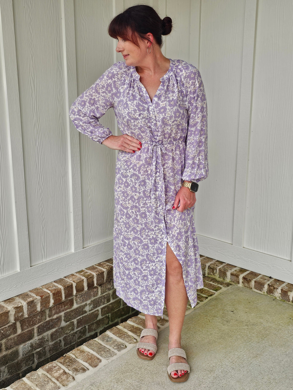 Button Down Drawstring Waist Midi Dress