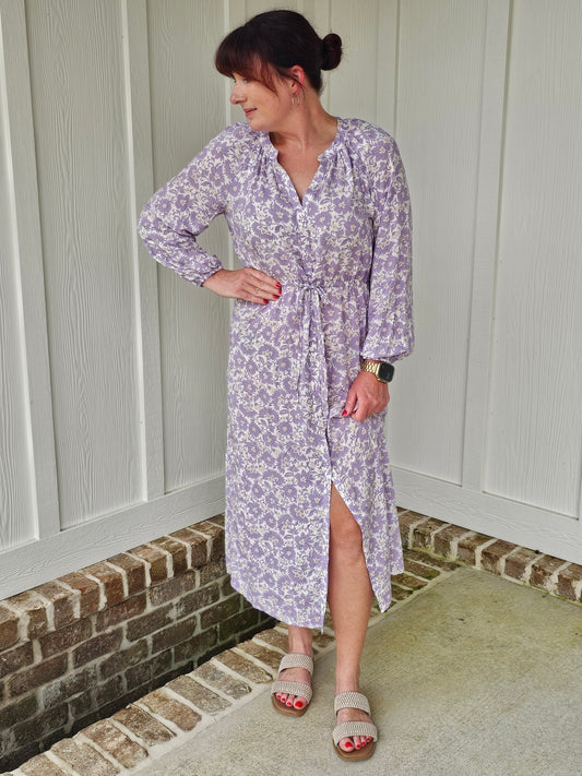 Button Down Drawstring Waist Midi Dress